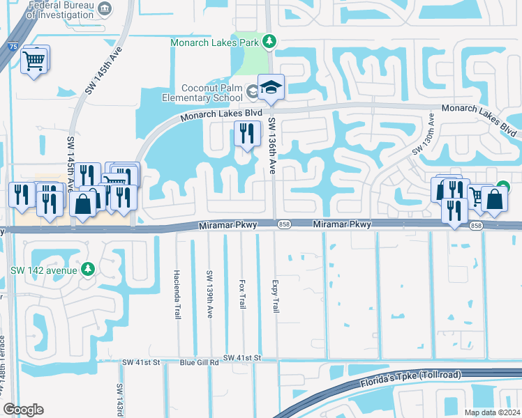 map of restaurants, bars, coffee shops, grocery stores, and more near 13705 Southwest 32nd Street in Miramar