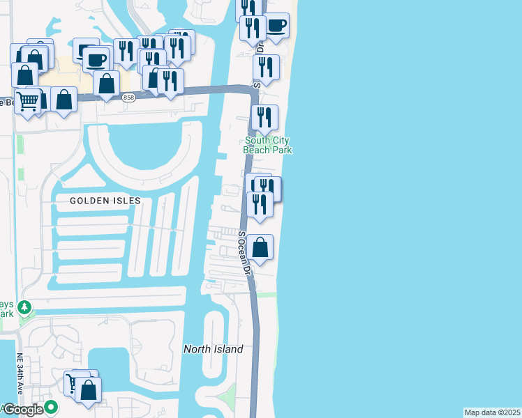 map of restaurants, bars, coffee shops, grocery stores, and more near in Hallandale Beach