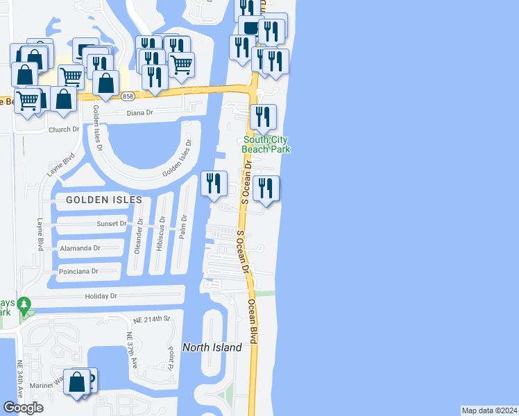 map of restaurants, bars, coffee shops, grocery stores, and more near in Hallandale Beach