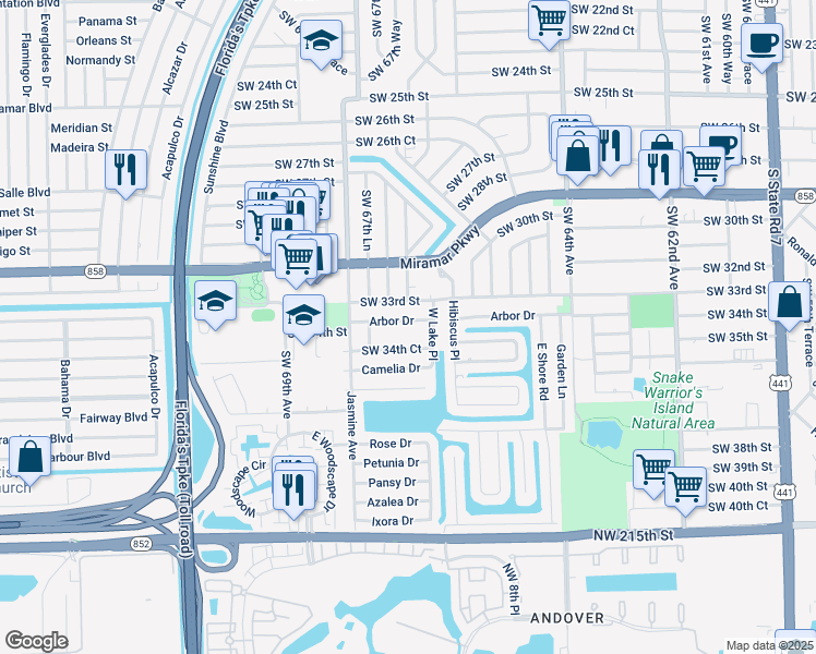 map of restaurants, bars, coffee shops, grocery stores, and more near 6730 Arbor Drive in Miramar