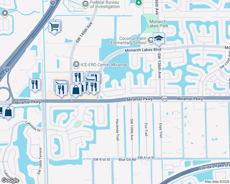 map of restaurants, bars, coffee shops, grocery stores, and more near 14104 Southwest 31st Street in Miramar