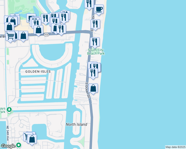 map of restaurants, bars, coffee shops, grocery stores, and more near 1980 South Ocean Drive in Hallandale Beach