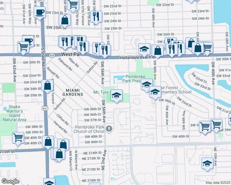 map of restaurants, bars, coffee shops, grocery stores, and more near 5032 Southwest 34th Street in Pembroke Park