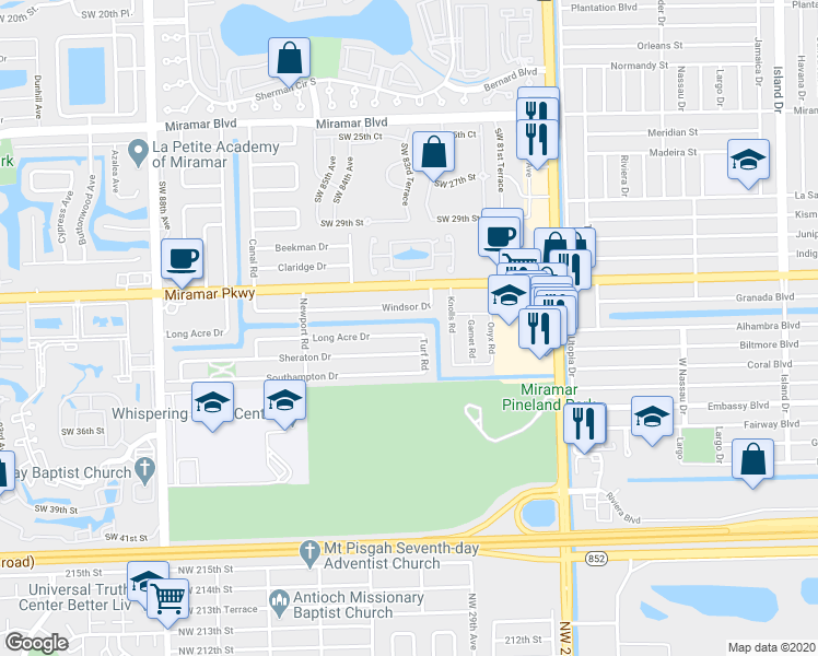 map of restaurants, bars, coffee shops, grocery stores, and more near 8425 Long Acre Drive in Miramar