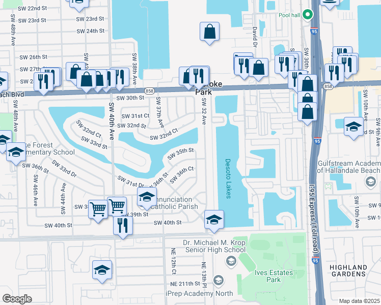 map of restaurants, bars, coffee shops, grocery stores, and more near 3310 Southwest 35th Street in West Park