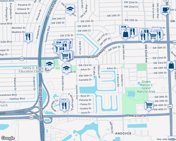 map of restaurants, bars, coffee shops, grocery stores, and more near 6730 Arbor Drive in Miramar