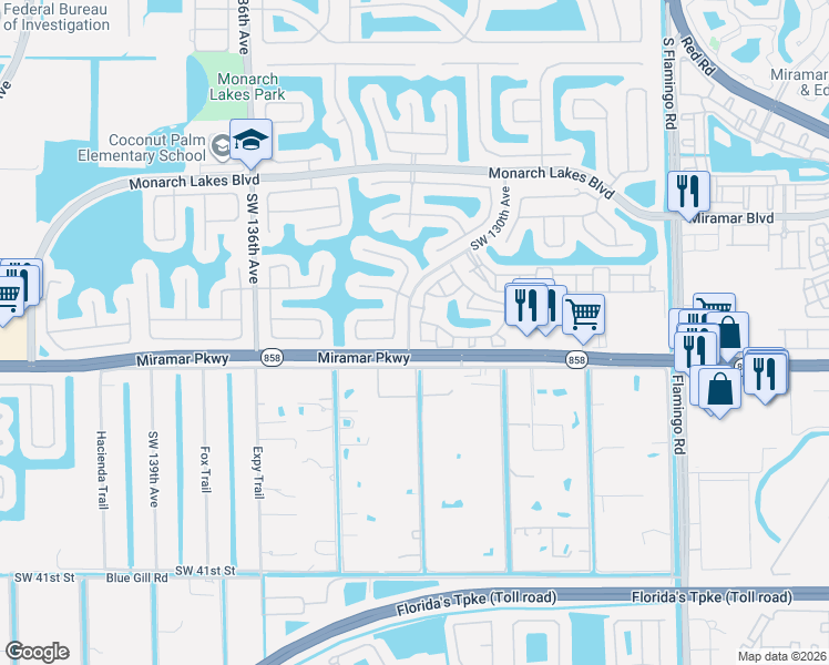 map of restaurants, bars, coffee shops, grocery stores, and more near 3155 Southwest 131st Avenue in Miramar