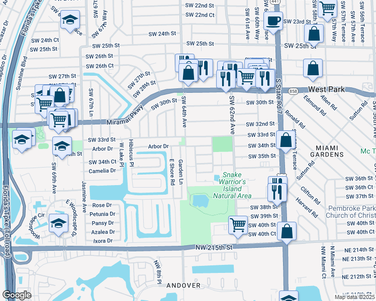 map of restaurants, bars, coffee shops, grocery stores, and more near 3404 Southwest 63rd Way in Miramar