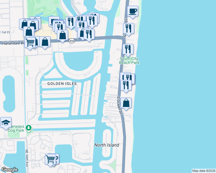 map of restaurants, bars, coffee shops, grocery stores, and more near 1975 South Ocean Drive in Hallandale Beach