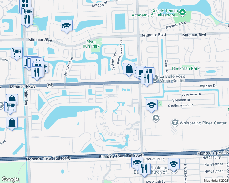 map of restaurants, bars, coffee shops, grocery stores, and more near 3252 Foxcroft Road in Miramar