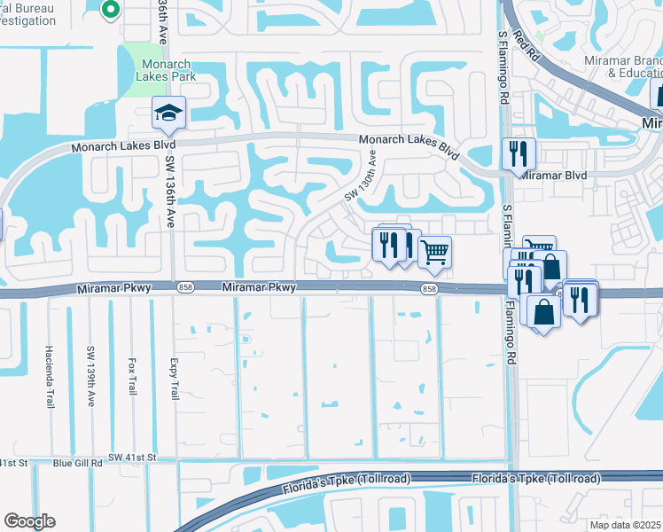 map of restaurants, bars, coffee shops, grocery stores, and more near 3157 Southwest 129th Way in Miramar