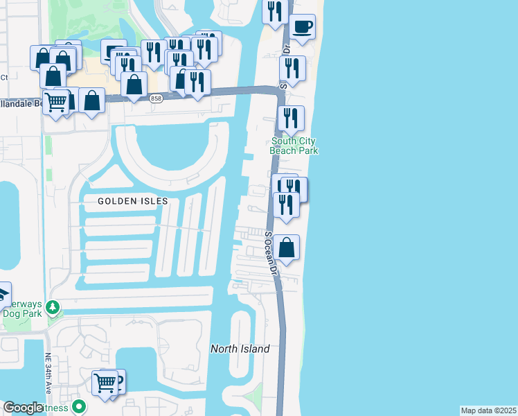 map of restaurants, bars, coffee shops, grocery stores, and more near in Hallandale Beach