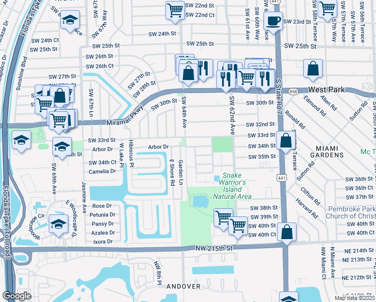 map of restaurants, bars, coffee shops, grocery stores, and more near 3404 Southwest 63rd Way in Miramar