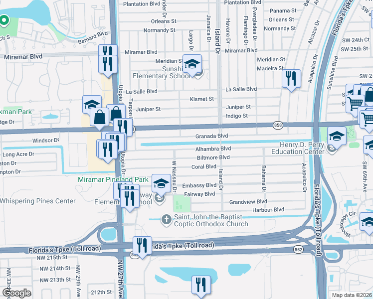 map of restaurants, bars, coffee shops, grocery stores, and more near 7761 Alhambra Boulevard in Miramar