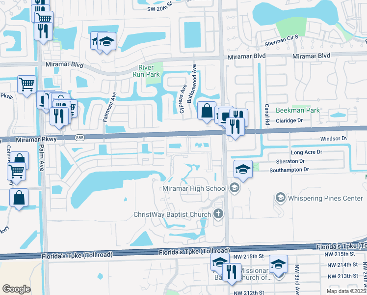 map of restaurants, bars, coffee shops, grocery stores, and more near 3252 Foxcroft Road in Miramar