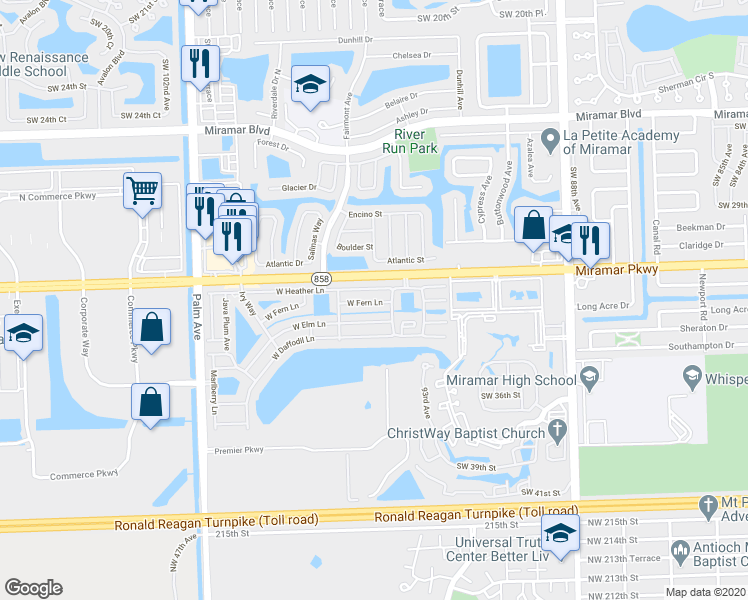 map of restaurants, bars, coffee shops, grocery stores, and more near 9501 West Fern Lane in Miramar