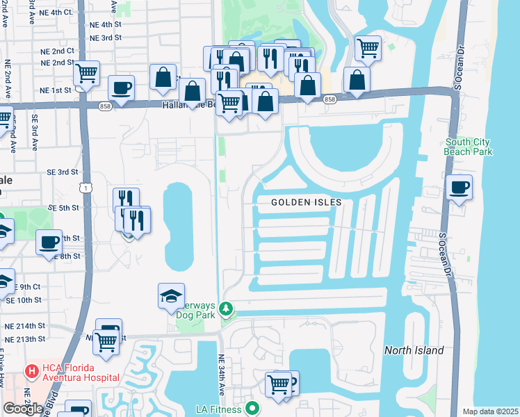 map of restaurants, bars, coffee shops, grocery stores, and more near 491 Tamarind Drive in Hallandale Beach