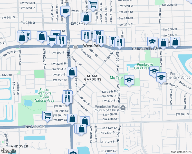 map of restaurants, bars, coffee shops, grocery stores, and more near 105 Ronald Road in West Park