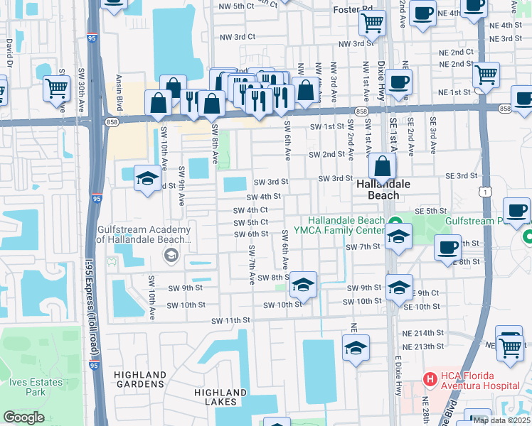 map of restaurants, bars, coffee shops, grocery stores, and more near 629 Southwest 4th Court in Hallandale Beach