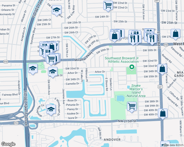 map of restaurants, bars, coffee shops, grocery stores, and more near 6628 Arbor Drive in Miramar