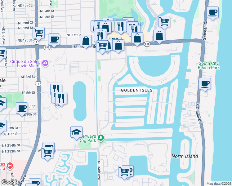 map of restaurants, bars, coffee shops, grocery stores, and more near 491 Tamarind Drive in Hallandale Beach