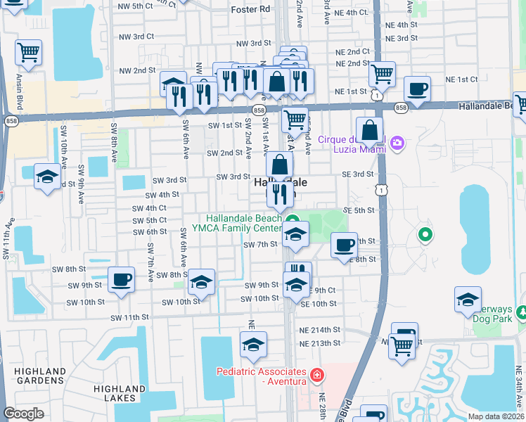 map of restaurants, bars, coffee shops, grocery stores, and more near 100 Southwest 5th Street in Hallandale Beach