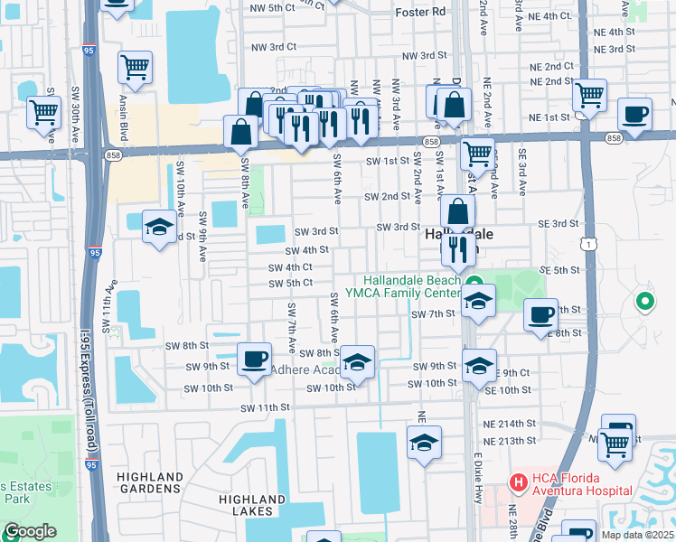 map of restaurants, bars, coffee shops, grocery stores, and more near 520 Southwest 5th Street in Hallandale Beach