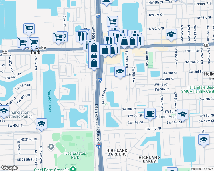 map of restaurants, bars, coffee shops, grocery stores, and more near 421 Southwest 11th Avenue in Hallandale Beach