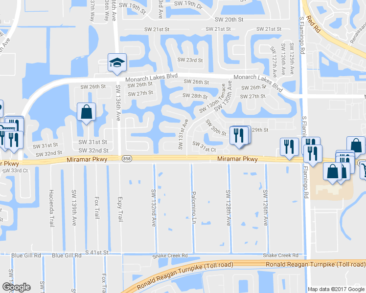 map of restaurants, bars, coffee shops, grocery stores, and more near 3155 Southwest 131st Avenue in Miramar