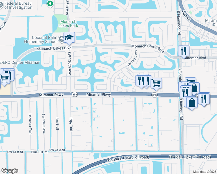 map of restaurants, bars, coffee shops, grocery stores, and more near 3155 Southwest 131st Avenue in Miramar