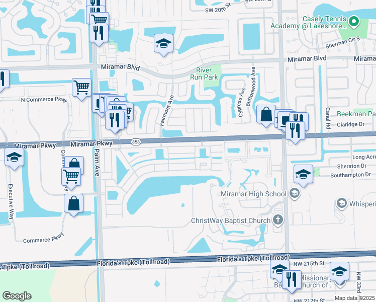 map of restaurants, bars, coffee shops, grocery stores, and more near 9501 West Fern Lane in Miramar