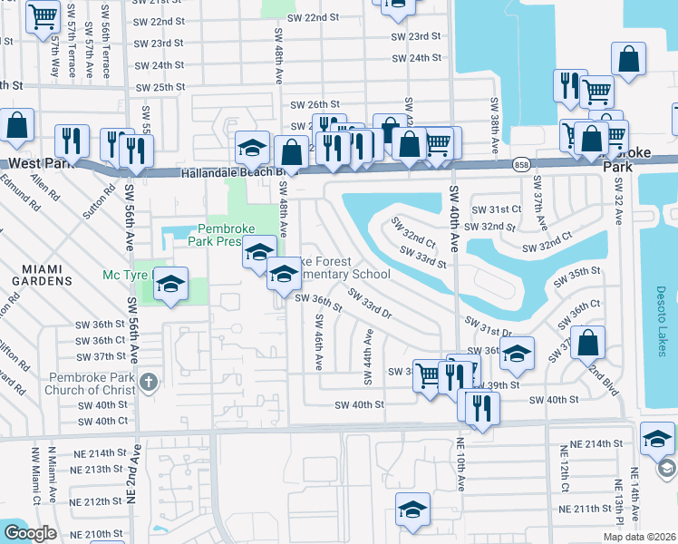 map of restaurants, bars, coffee shops, grocery stores, and more near 4609 Southwest 33rd Drive in West Park