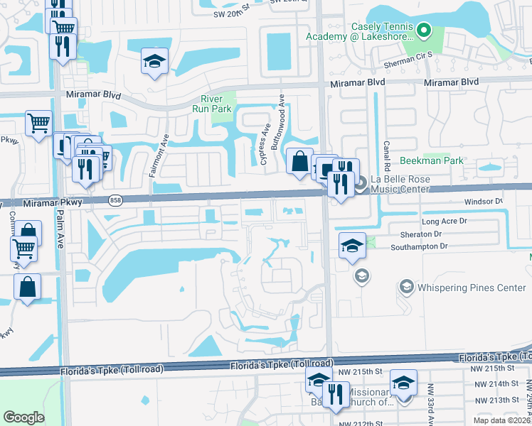 map of restaurants, bars, coffee shops, grocery stores, and more near 3252 Foxcroft Road in Miramar