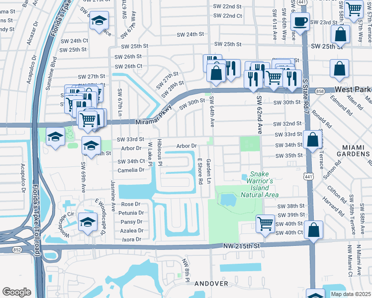 map of restaurants, bars, coffee shops, grocery stores, and more near 6600 Arbor Drive in Hollywood