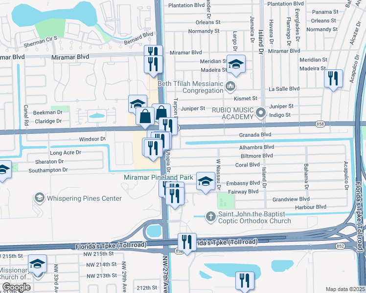 map of restaurants, bars, coffee shops, grocery stores, and more near 7921 Alhambra Boulevard in Miramar