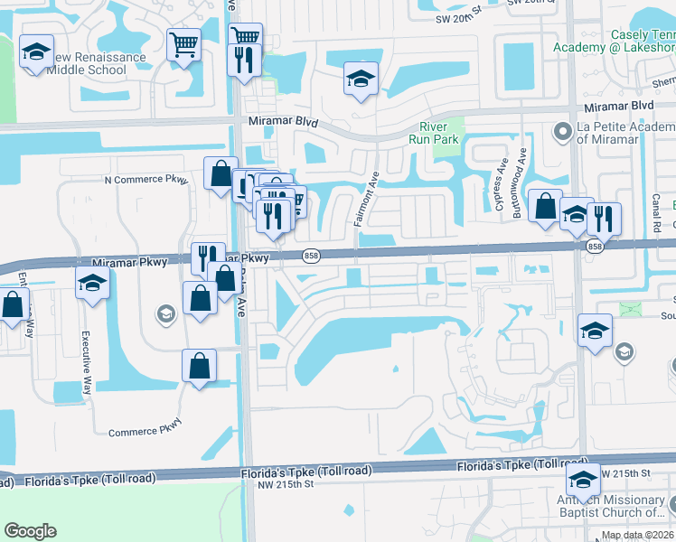 map of restaurants, bars, coffee shops, grocery stores, and more near 3281 Southwest 97th Terrace in Miramar