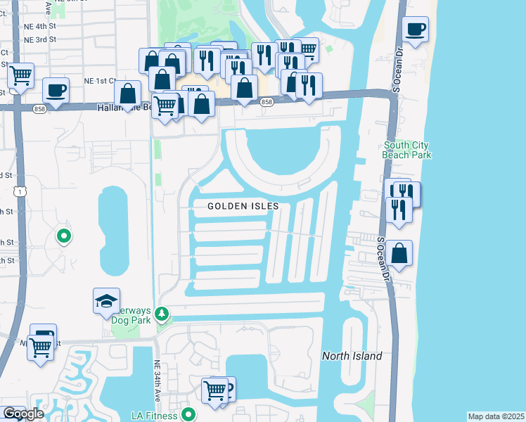 map of restaurants, bars, coffee shops, grocery stores, and more near 401 Tamarind Drive in Hallandale Beach
