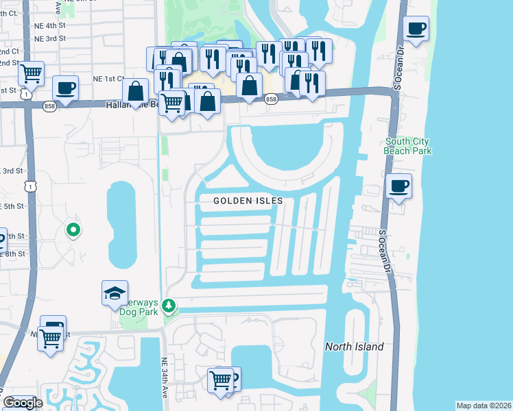 map of restaurants, bars, coffee shops, grocery stores, and more near in Hallandale Beach