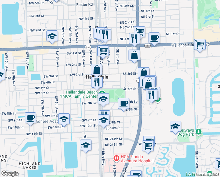 map of restaurants, bars, coffee shops, grocery stores, and more near 202 Southeast 5th Street in Hallandale Beach