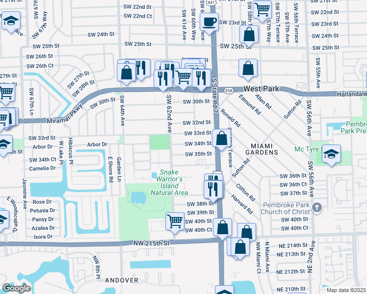 map of restaurants, bars, coffee shops, grocery stores, and more near 6126 Southwest 34th Street in Miramar
