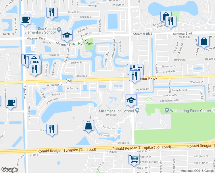 map of restaurants, bars, coffee shops, grocery stores, and more near 3252 Foxcroft Road in Miramar