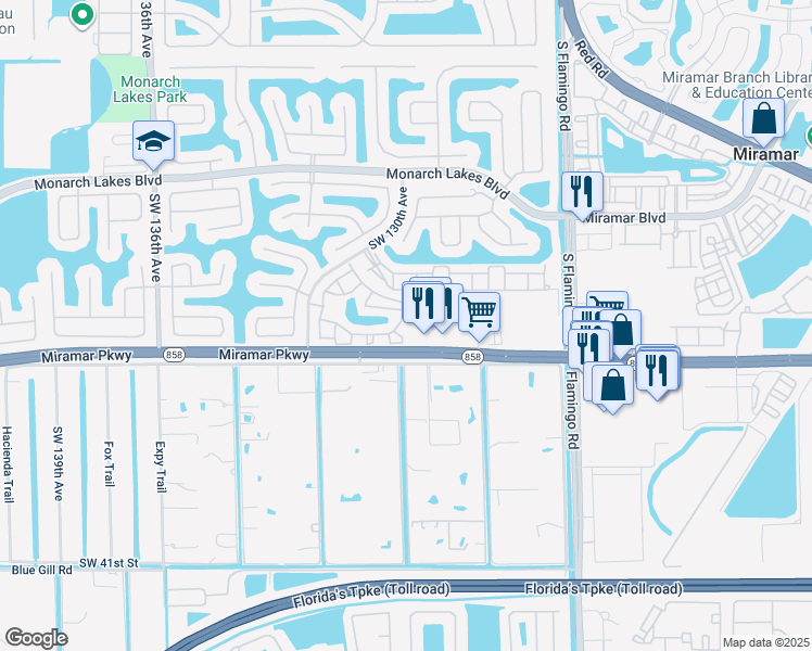 map of restaurants, bars, coffee shops, grocery stores, and more near 3121 Southwest 128th Avenue in Miramar