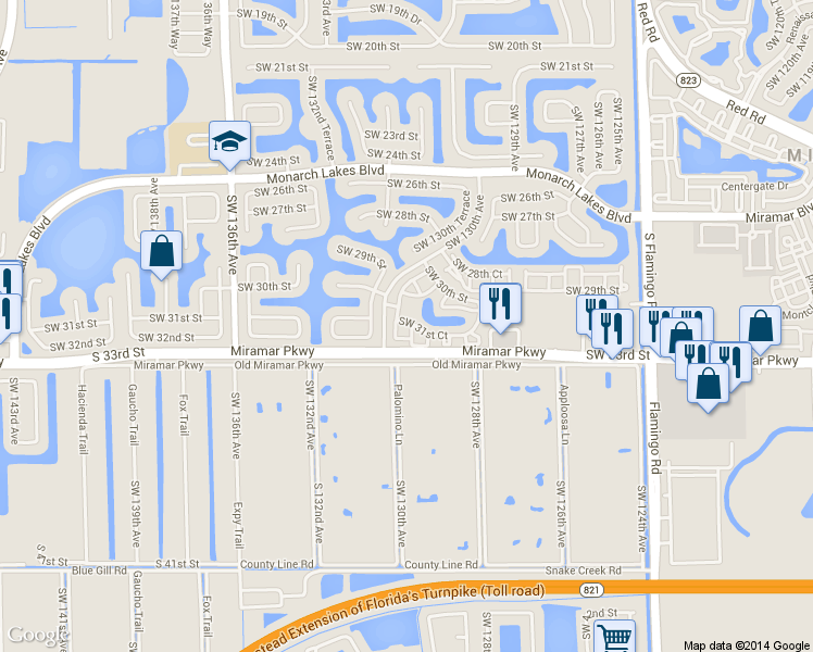 map of restaurants, bars, coffee shops, grocery stores, and more near 3157 Southwest 129th Way in Miramar