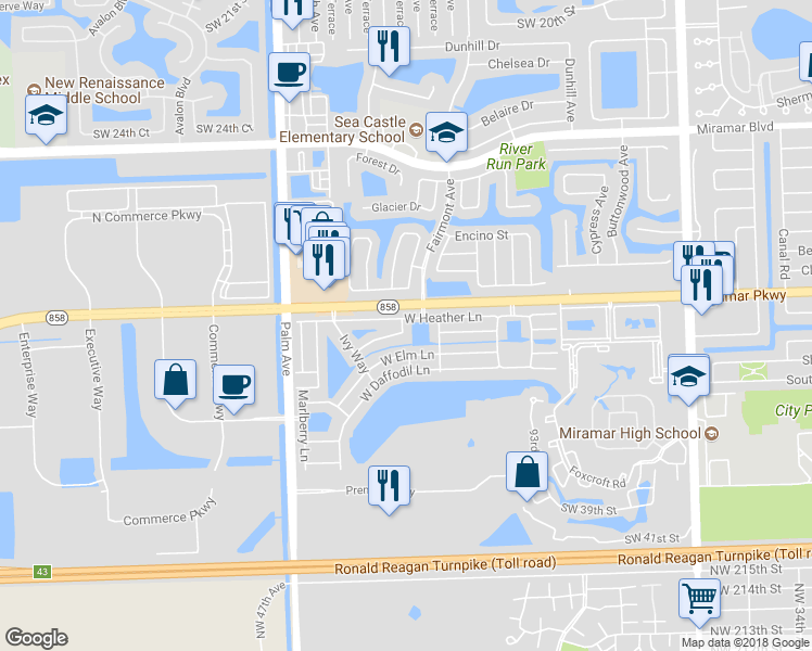 map of restaurants, bars, coffee shops, grocery stores, and more near 3281 Southwest 97th Terrace in Miramar