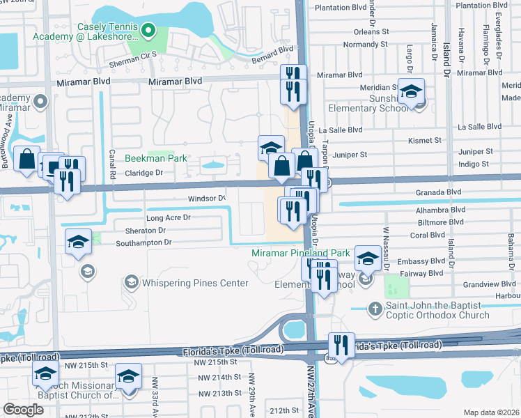 map of restaurants, bars, coffee shops, grocery stores, and more near 3212 Onyx Road in Miramar