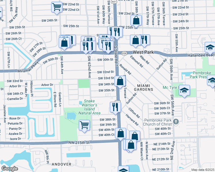 map of restaurants, bars, coffee shops, grocery stores, and more near 6020 Southwest 34th Street in Miramar