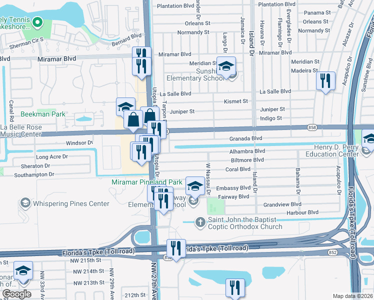map of restaurants, bars, coffee shops, grocery stores, and more near 7845 Alhambra Boulevard in Miramar