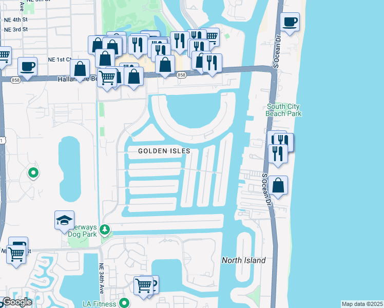 map of restaurants, bars, coffee shops, grocery stores, and more near 401 Tamarind Drive in Hallandale Beach