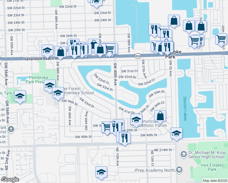 map of restaurants, bars, coffee shops, grocery stores, and more near 3908 Southwest 33rd Street in West Park