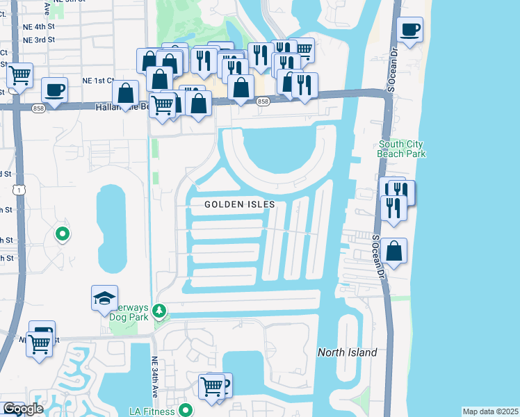 map of restaurants, bars, coffee shops, grocery stores, and more near 401 Tamarind Drive in Hallandale Beach